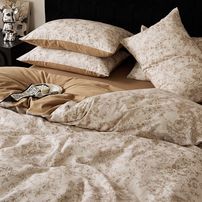 91家纺网 家纺一手货源 找家纺 禾时 2025新款全棉纯棉双层纱印花四件套-暗合 逆时光-米