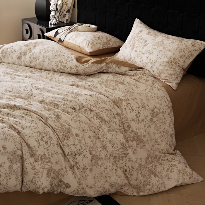 91家纺网 家纺一手货源 找家纺 禾时 2025新款全棉纯棉双层纱印花四件套-暗合 逆时光-米