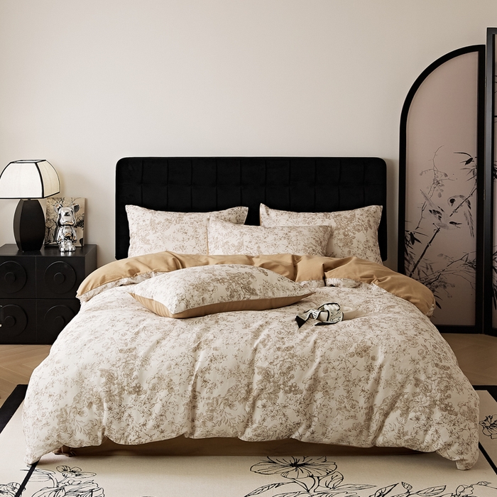 91家纺网 家纺一手货源 找家纺 禾时 2025新款全棉纯棉双层纱印花四件套-暗合 逆时光-米