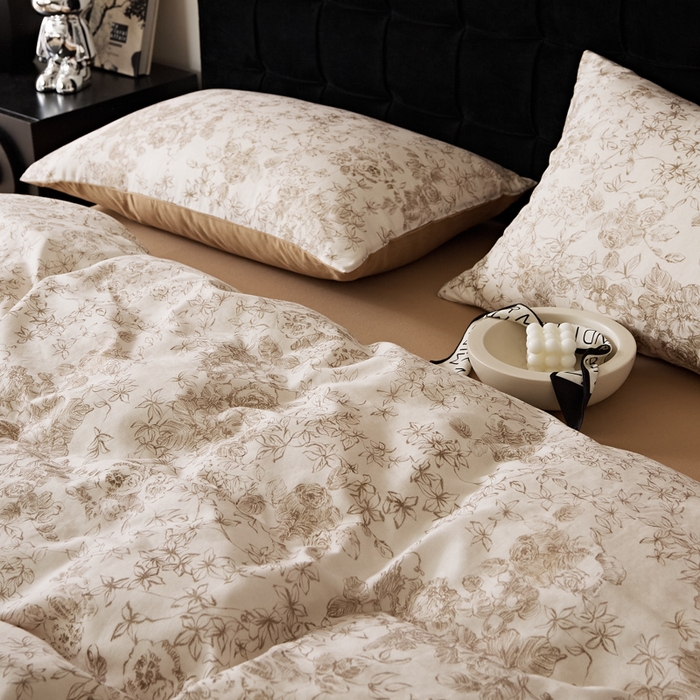 91家纺网 家纺一手货源 找家纺 禾时 2025新款全棉纯棉双层纱印花四件套-暗合 逆时光-米