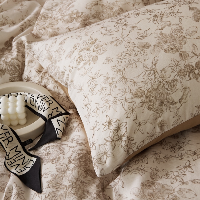 91家纺网 家纺一手货源 找家纺 禾时 2025新款全棉纯棉双层纱印花四件套-暗合 逆时光-米