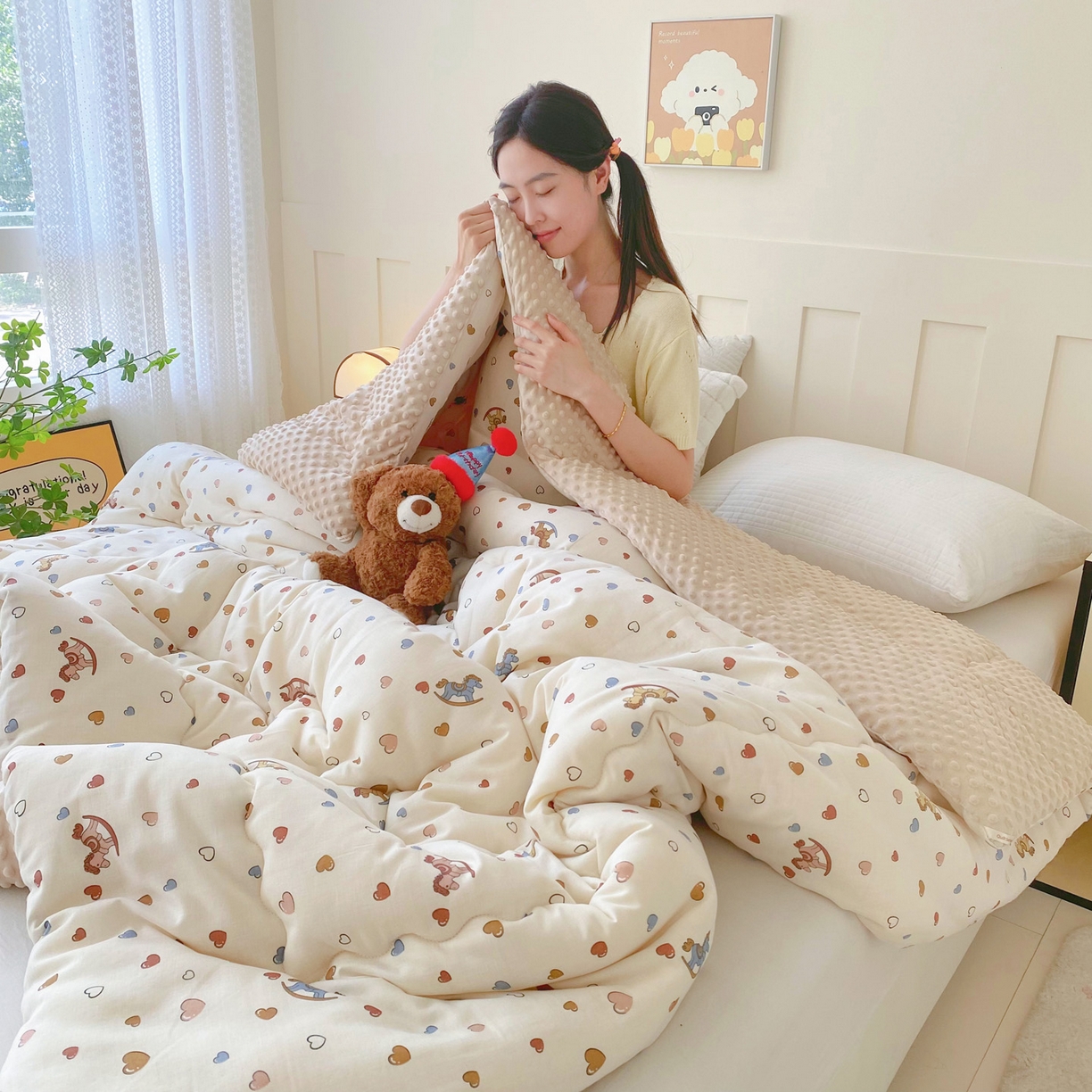 91家纺网 家纺一手货源 找家纺 小叮当家纺仓储工厂店 2025新款A类母婴级全棉双层纱婴儿绒210g豆豆被20%大豆纤维单人双人被芯 木马梦幻