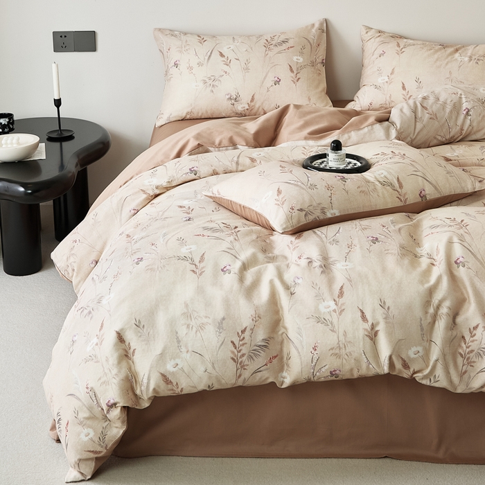 91家纺网 家纺一手货源 找家纺 禾时 2025新款全棉纯棉双层纱印花四件套-暗合 七月-黄咖