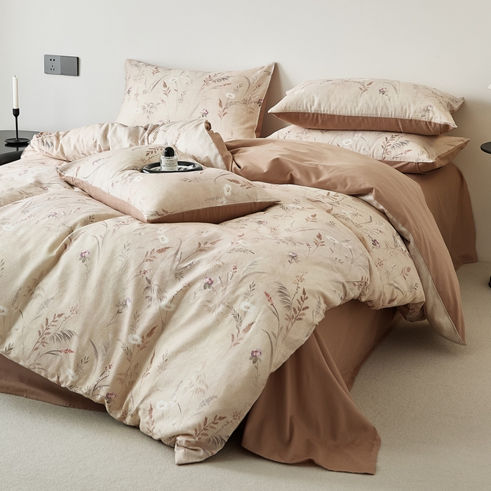 91家纺网 家纺一手货源 找家纺 禾时 2025新款全棉纯棉双层纱印花四件套-暗合 七月-黄咖