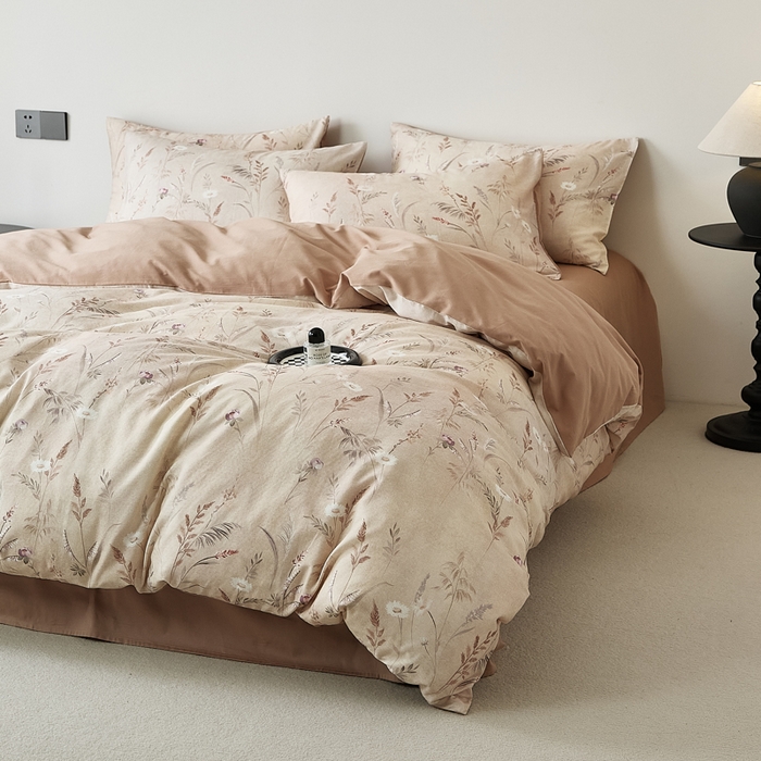 91家纺网 家纺一手货源 找家纺 禾时 2025新款全棉纯棉双层纱印花四件套-暗合 七月-黄咖