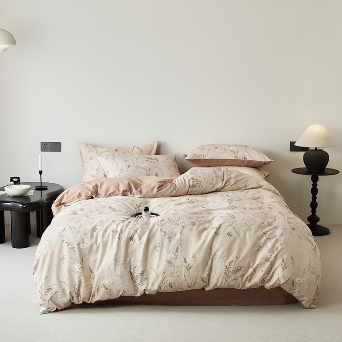 91家纺网 家纺一手货源 找家纺 禾时 2025新款全棉纯棉双层纱印花四件套-暗合 七月-黄咖