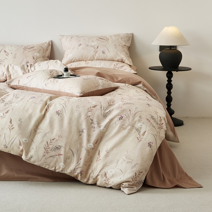 91家纺网 家纺一手货源 找家纺 禾时 2025新款全棉纯棉双层纱印花四件套-暗合 七月-黄咖