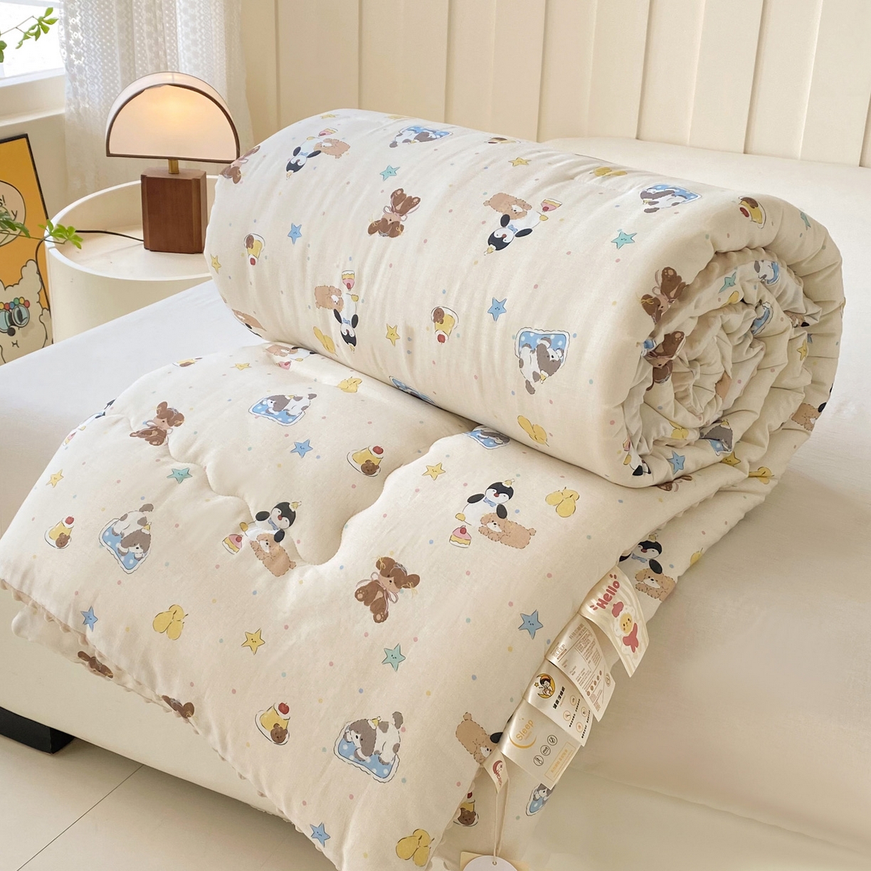 91家纺网 家纺一手货源 找家纺 小叮当家纺仓储工厂店 2025新款A类母婴级全棉双层纱婴儿绒210g豆豆被20%大豆纤维单人双人被芯 派宠