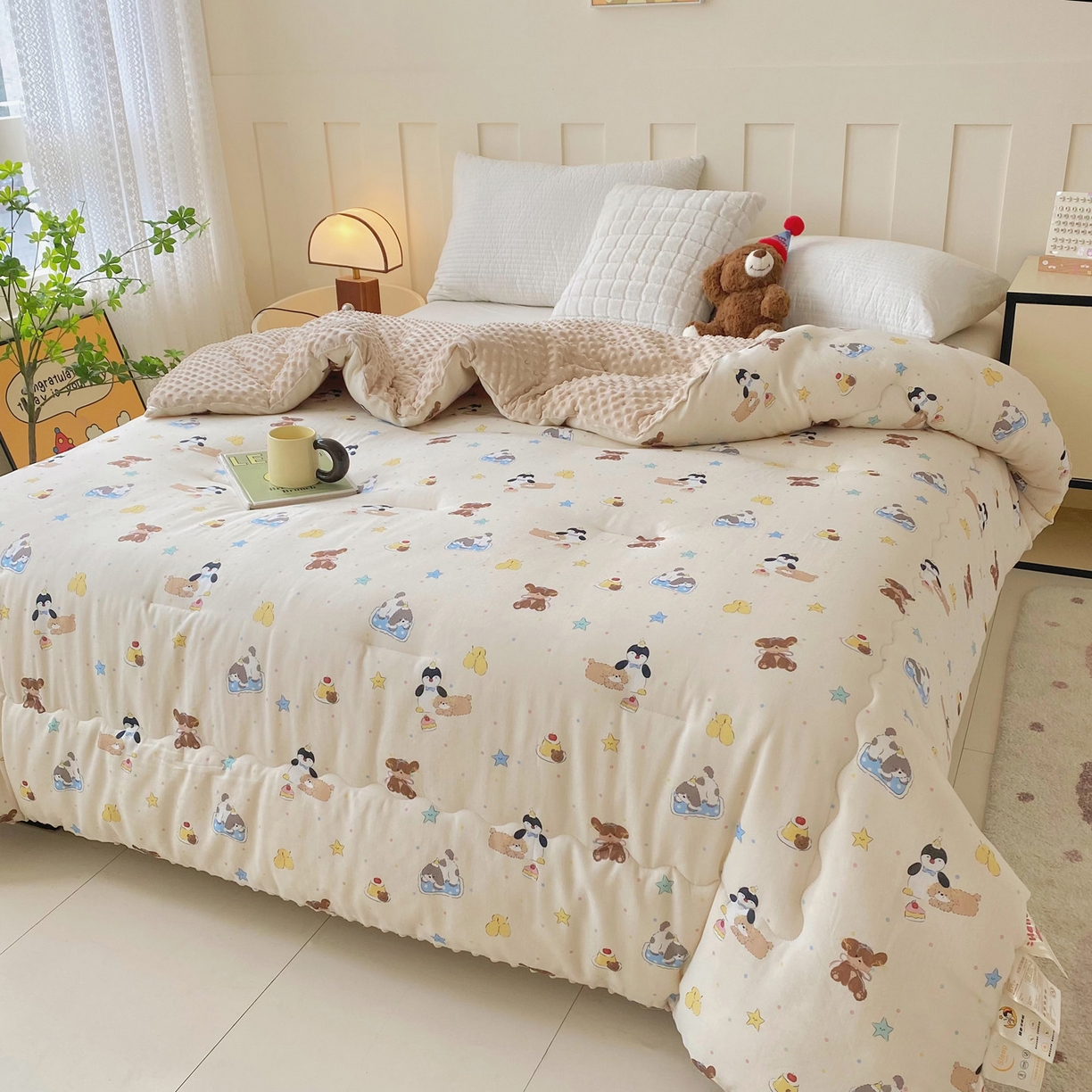 91家纺网 家纺一手货源 找家纺 小叮当家纺仓储工厂店 2025新款A类母婴级全棉双层纱婴儿绒210g豆豆被20%大豆纤维单人双人被芯 派宠