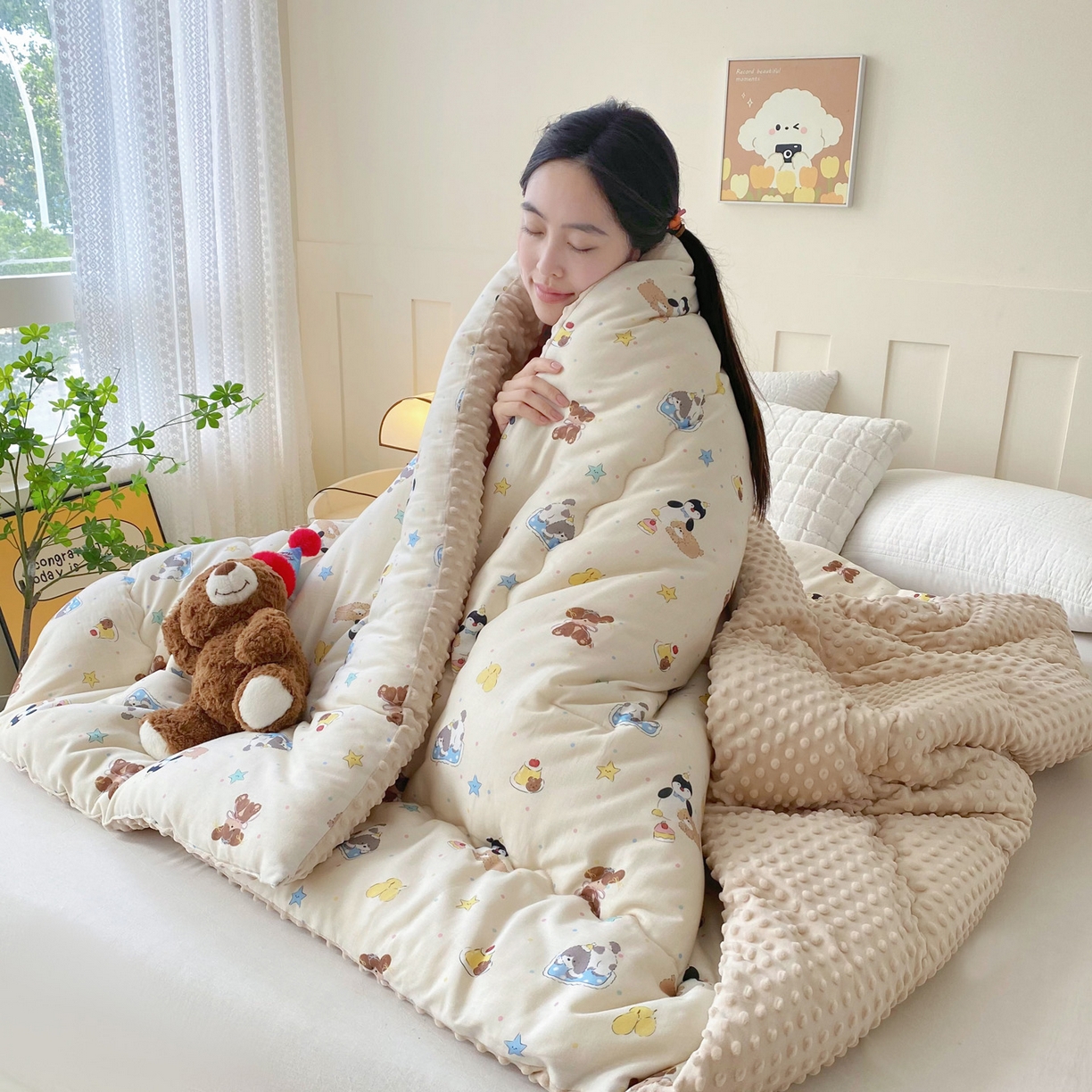 91家纺网 家纺一手货源 找家纺 小叮当家纺仓储工厂店 2025新款A类母婴级全棉双层纱婴儿绒210g豆豆被20%大豆纤维单人双人被芯 派宠