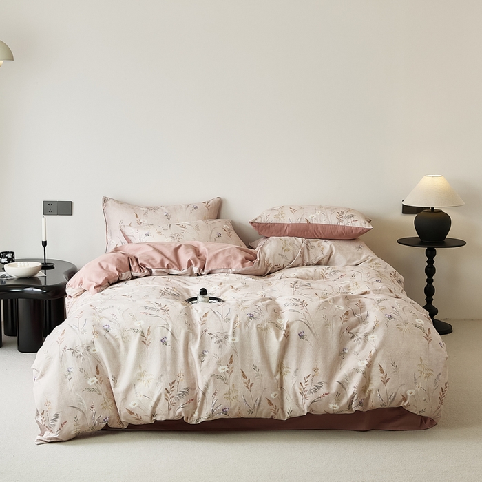 91家纺网 家纺一手货源 找家纺 禾时 2025新款全棉纯棉双层纱印花四件套-暗合 七月-米粉