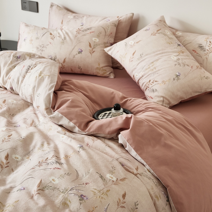 91家纺网 家纺一手货源 找家纺 禾时 2025新款全棉纯棉双层纱印花四件套-暗合 七月-米粉