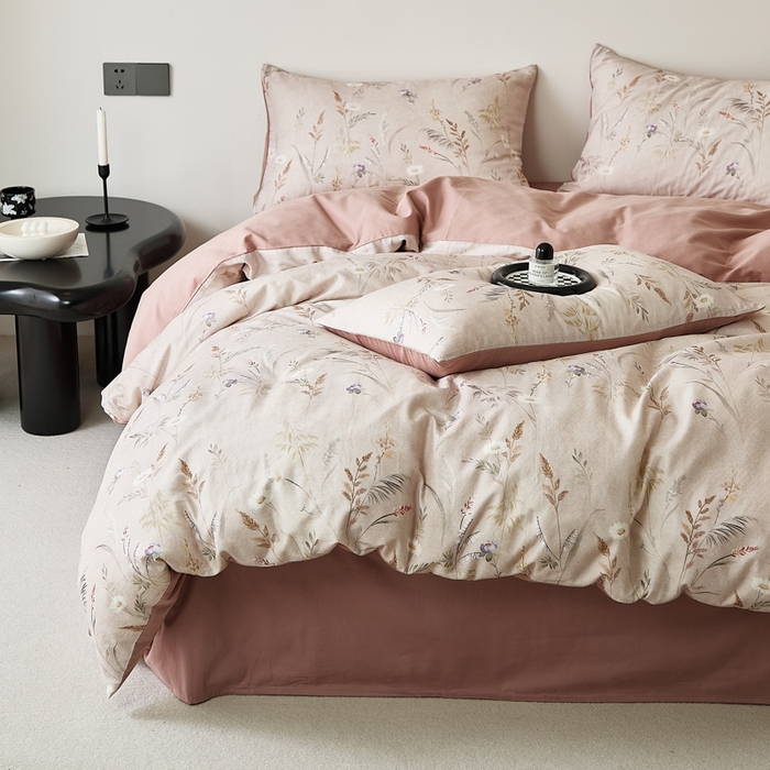 91家纺网 家纺一手货源 找家纺 禾时 2025新款全棉纯棉双层纱印花四件套-暗合 七月-米粉