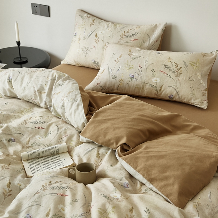 91家纺网 家纺一手货源 找家纺 禾时 2025新款全棉纯棉双层纱印花四件套-暗合 七月-米绿