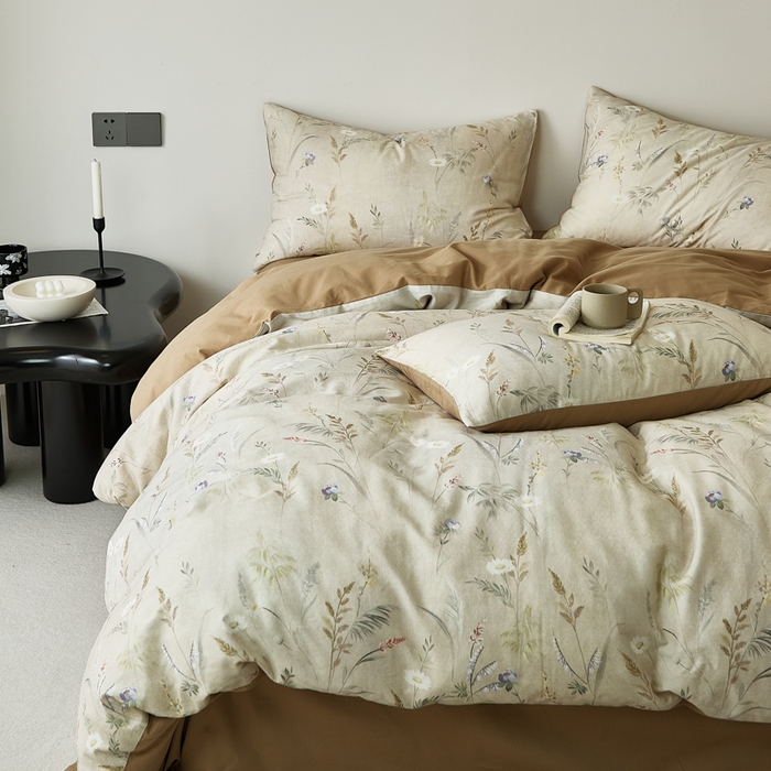 91家纺网 家纺一手货源 找家纺 禾时 2025新款全棉纯棉双层纱印花四件套-暗合 七月-米绿