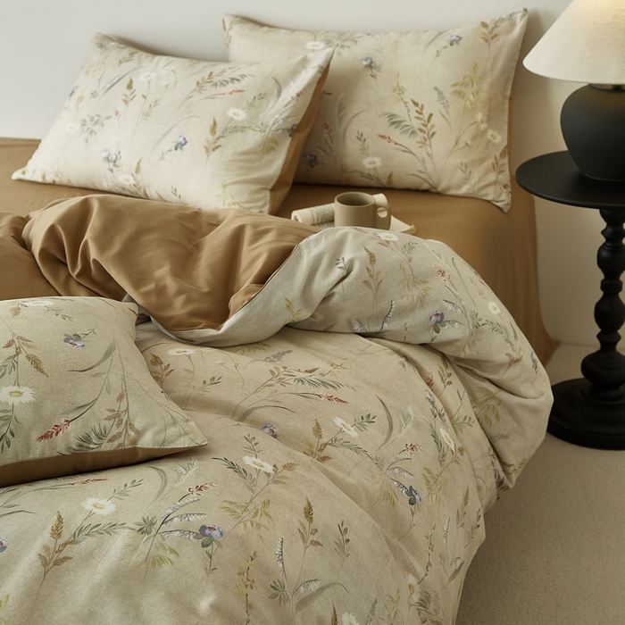 91家纺网 家纺一手货源 找家纺 禾时 2025新款全棉纯棉双层纱印花四件套-暗合 七月-米绿