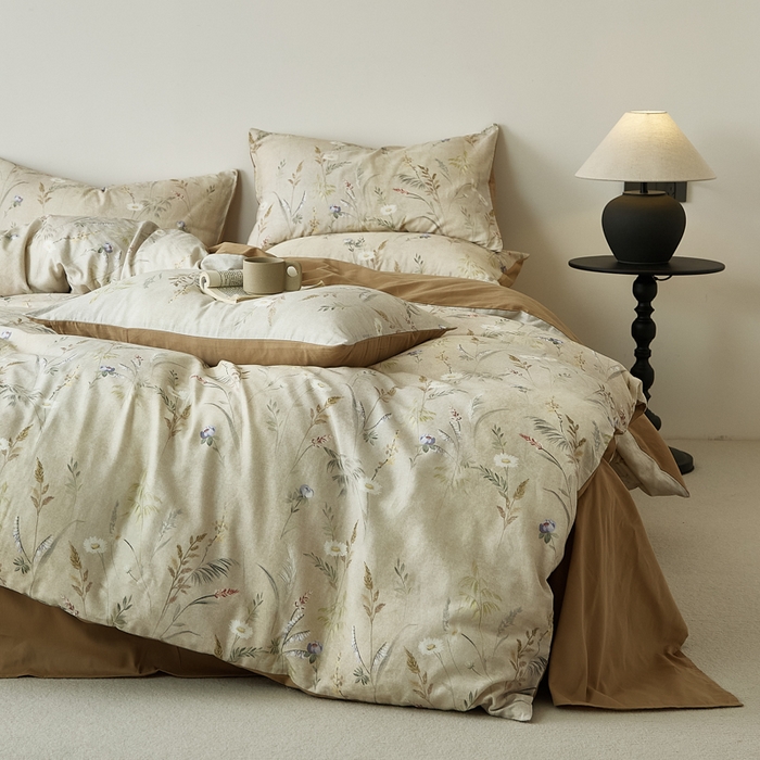 91家纺网 家纺一手货源 找家纺 禾时 2025新款全棉纯棉双层纱印花四件套-暗合 七月-米绿