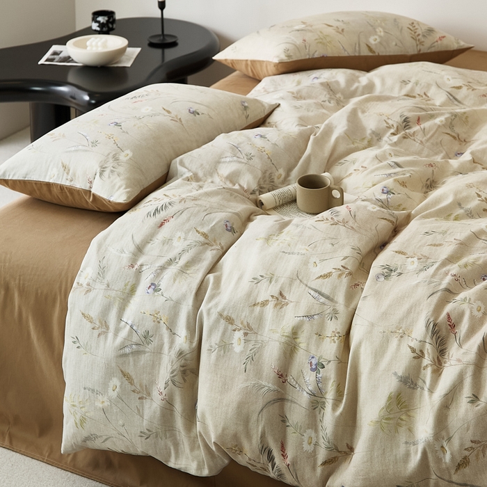 91家纺网 家纺一手货源 找家纺 禾时 2025新款全棉纯棉双层纱印花四件套-暗合 七月-米绿