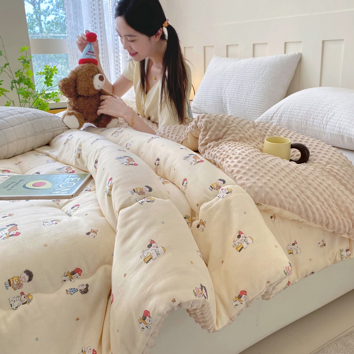 91家纺网 家纺一手货源 找家纺 小叮当家纺仓储工厂店 2025新款A类母婴级全棉双层纱婴儿绒210g豆豆被20%大豆纤维单人双人被芯 派克