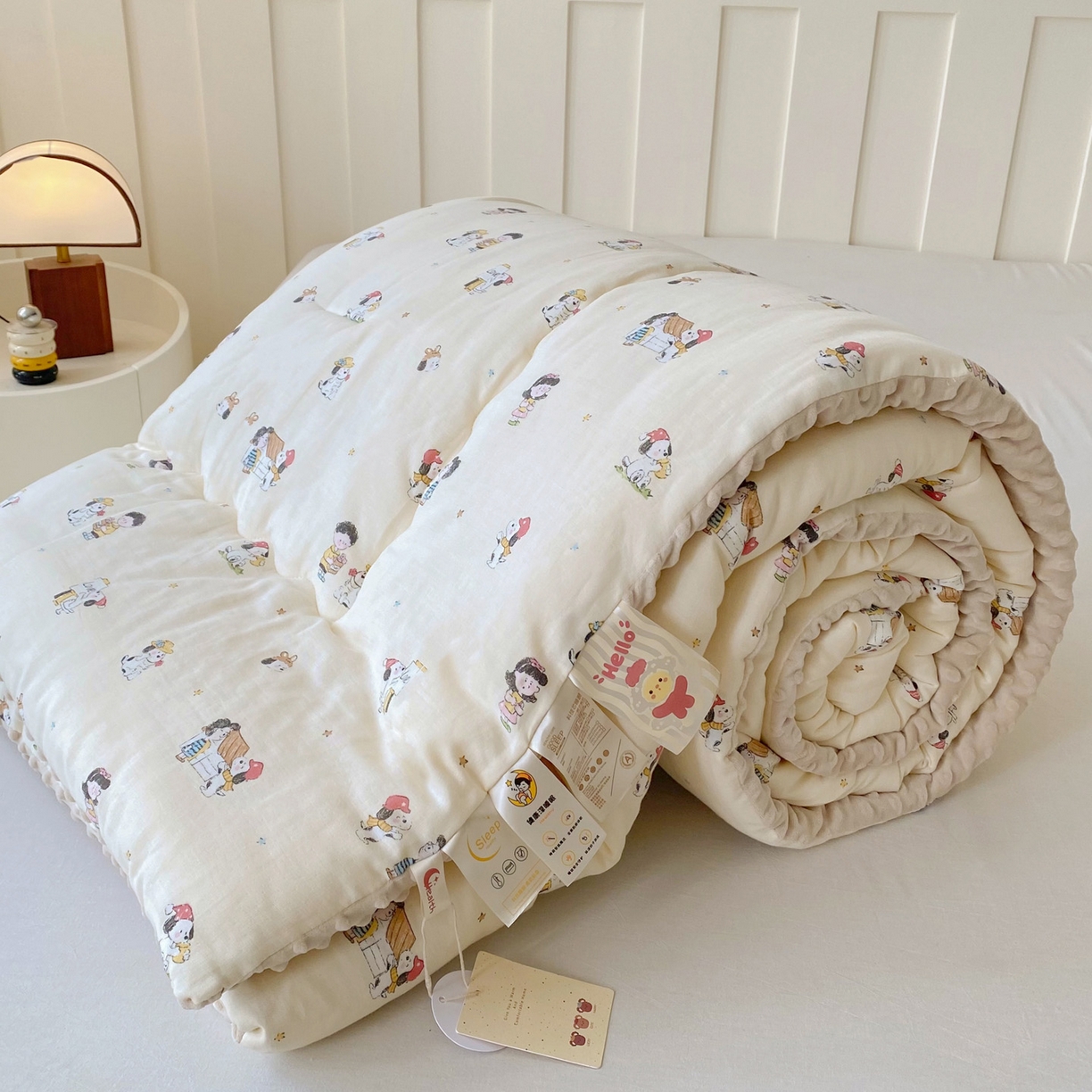 91家纺网 家纺一手货源 找家纺 小叮当家纺仓储工厂店 2025新款A类母婴级全棉双层纱婴儿绒210g豆豆被20%大豆纤维单人双人被芯 派克