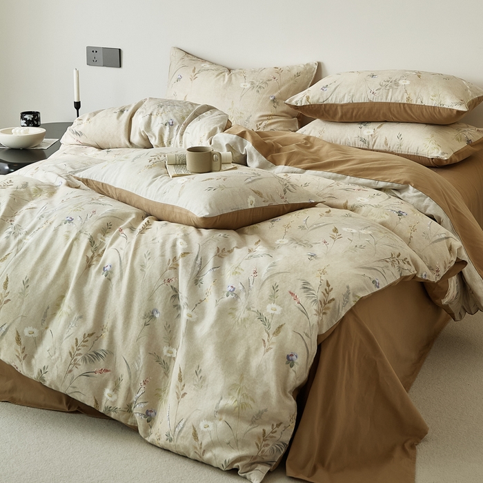 91家纺网 家纺一手货源 找家纺 禾时 2025新款全棉纯棉双层纱印花四件套-暗合 七月-米绿