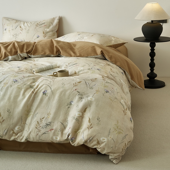 91家纺网 家纺一手货源 找家纺 禾时 2025新款全棉纯棉双层纱印花四件套-暗合 七月-米绿