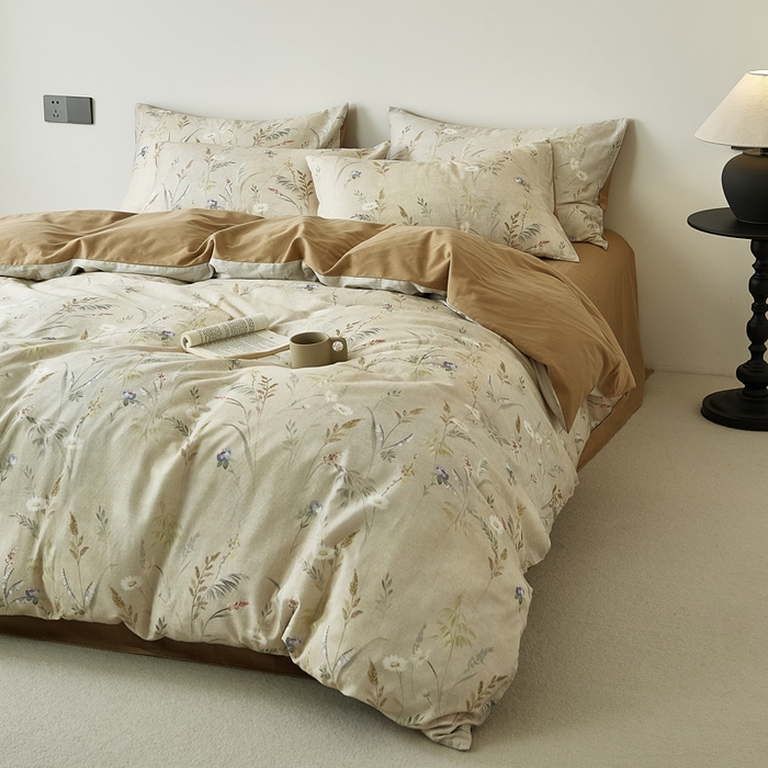 91家纺网 家纺一手货源 找家纺 禾时 2025新款全棉纯棉双层纱印花四件套-暗合 七月-米绿