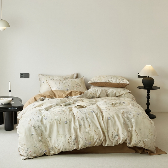 91家纺网 家纺一手货源 找家纺 禾时 2025新款全棉纯棉双层纱印花四件套-暗合 七月-米绿