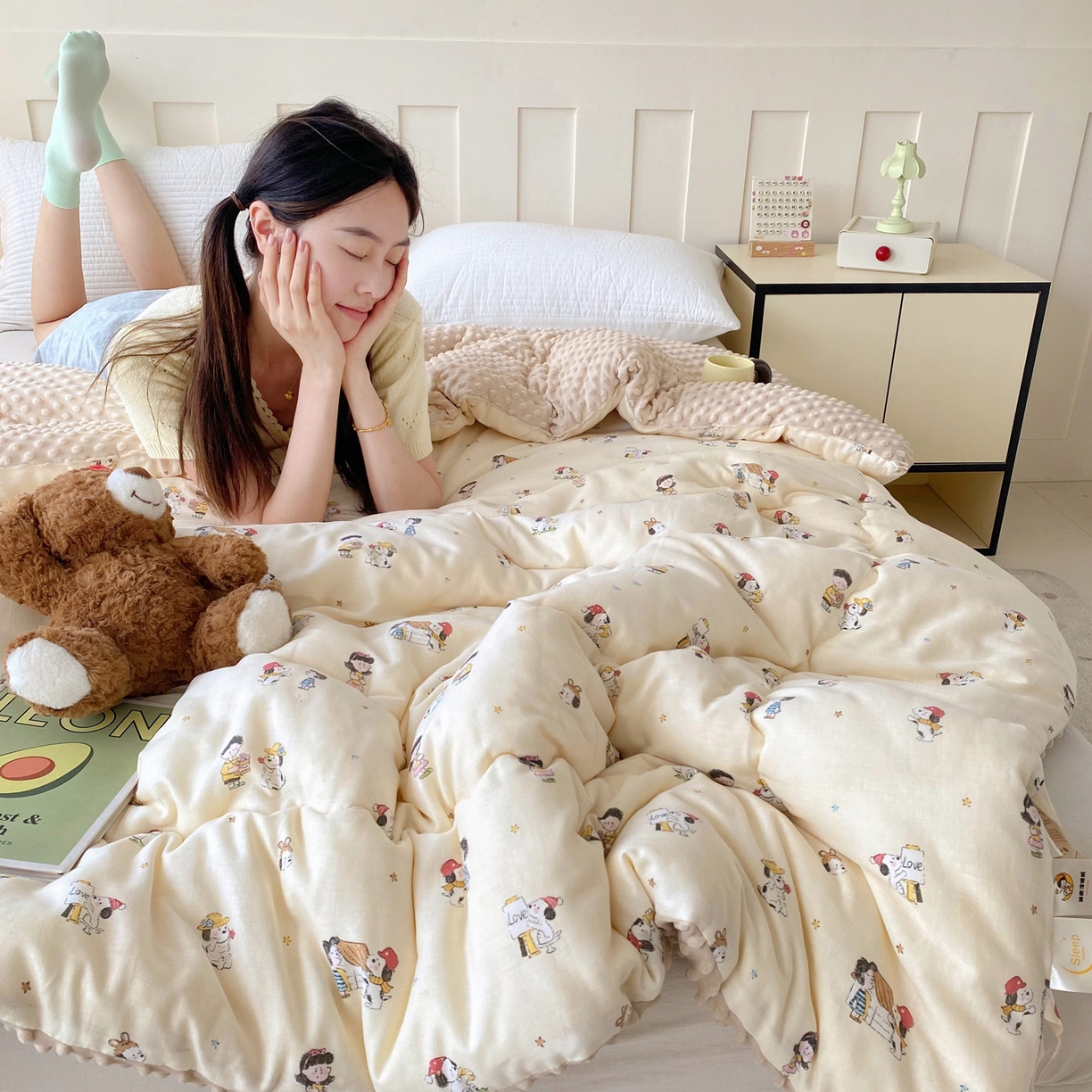 91家纺网 家纺一手货源 找家纺 小叮当家纺仓储工厂店 2025新款A类母婴级全棉双层纱婴儿绒210g豆豆被20%大豆纤维单人双人被芯 派克