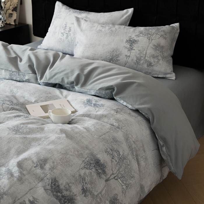 91家纺网 家纺一手货源 找家纺 禾时 2025新款全棉纯棉双层纱印花四件套-暗合 叁森-蓝