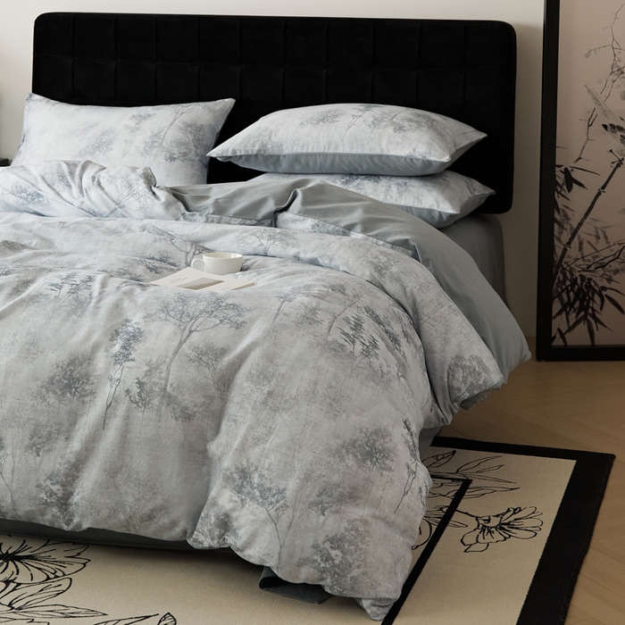 91家纺网 家纺一手货源 找家纺 禾时 2025新款全棉纯棉双层纱印花四件套-暗合 叁森-蓝