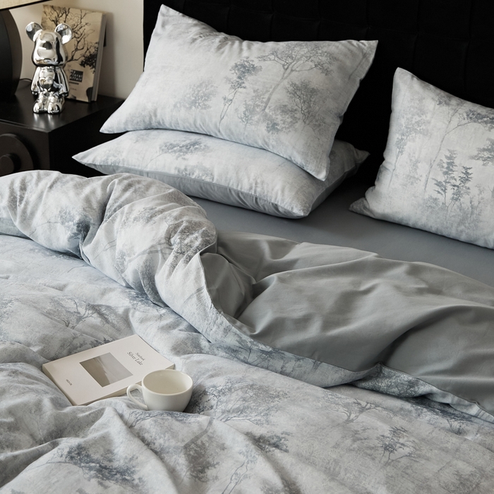 91家纺网 家纺一手货源 找家纺 禾时 2025新款全棉纯棉双层纱印花四件套-暗合 叁森-蓝