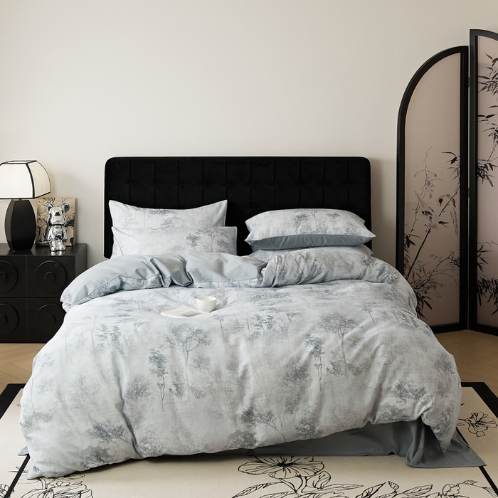 91家纺网 家纺一手货源 找家纺 禾时 2025新款全棉纯棉双层纱印花四件套-暗合 叁森-蓝