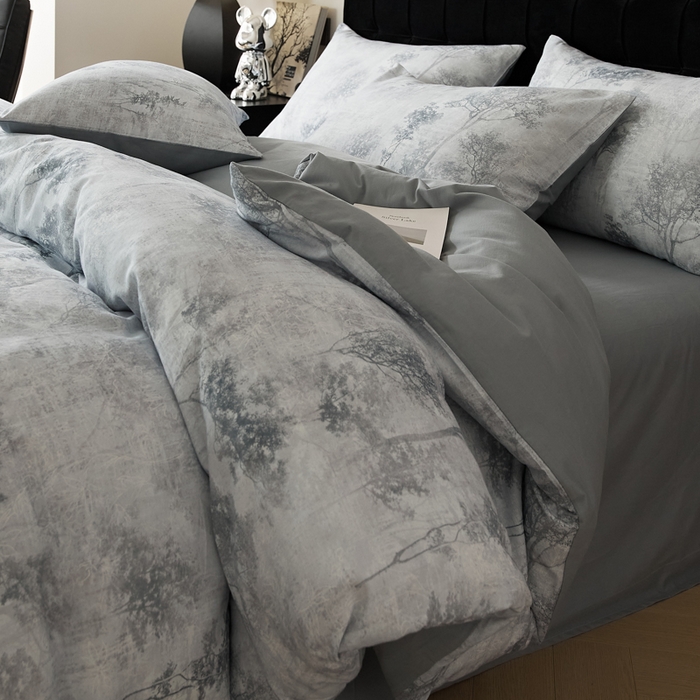 91家纺网 家纺一手货源 找家纺 禾时 2025新款全棉纯棉双层纱印花四件套-暗合 叁森-蓝