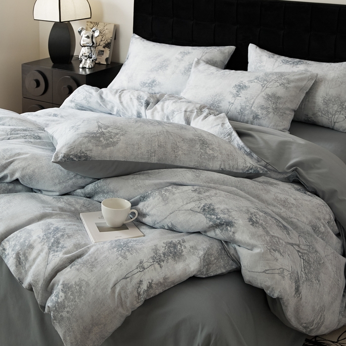 91家纺网 家纺一手货源 找家纺 禾时 2025新款全棉纯棉双层纱印花四件套-暗合 叁森-蓝