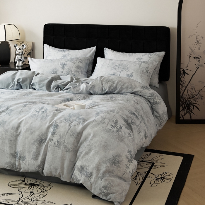 91家纺网 家纺一手货源 找家纺 禾时 2025新款全棉纯棉双层纱印花四件套-暗合 叁森-蓝