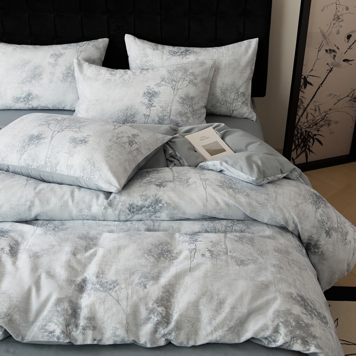 91家纺网 家纺一手货源 找家纺 禾时 2025新款全棉纯棉双层纱印花四件套-暗合 叁森-蓝