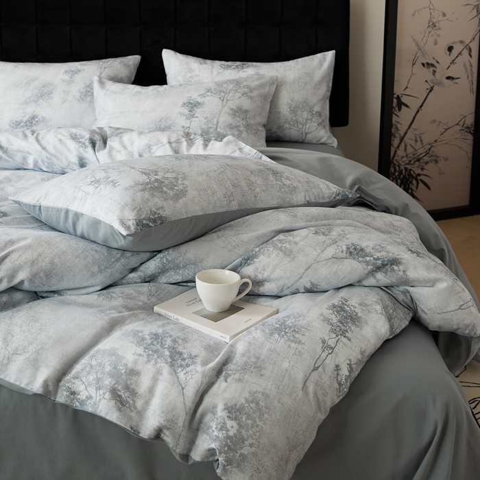 91家纺网 家纺一手货源 找家纺 禾时 2025新款全棉纯棉双层纱印花四件套-暗合 叁森-蓝