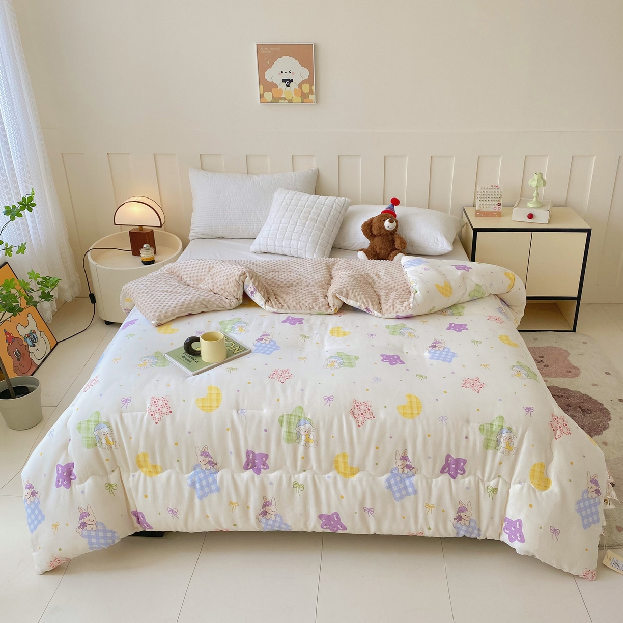 91家纺网 家纺一手货源 找家纺 小叮当家纺仓储工厂店 2025新款A类母婴级全棉双层纱婴儿绒210g豆豆被20%大豆纤维单人双人被芯 柔星梦香