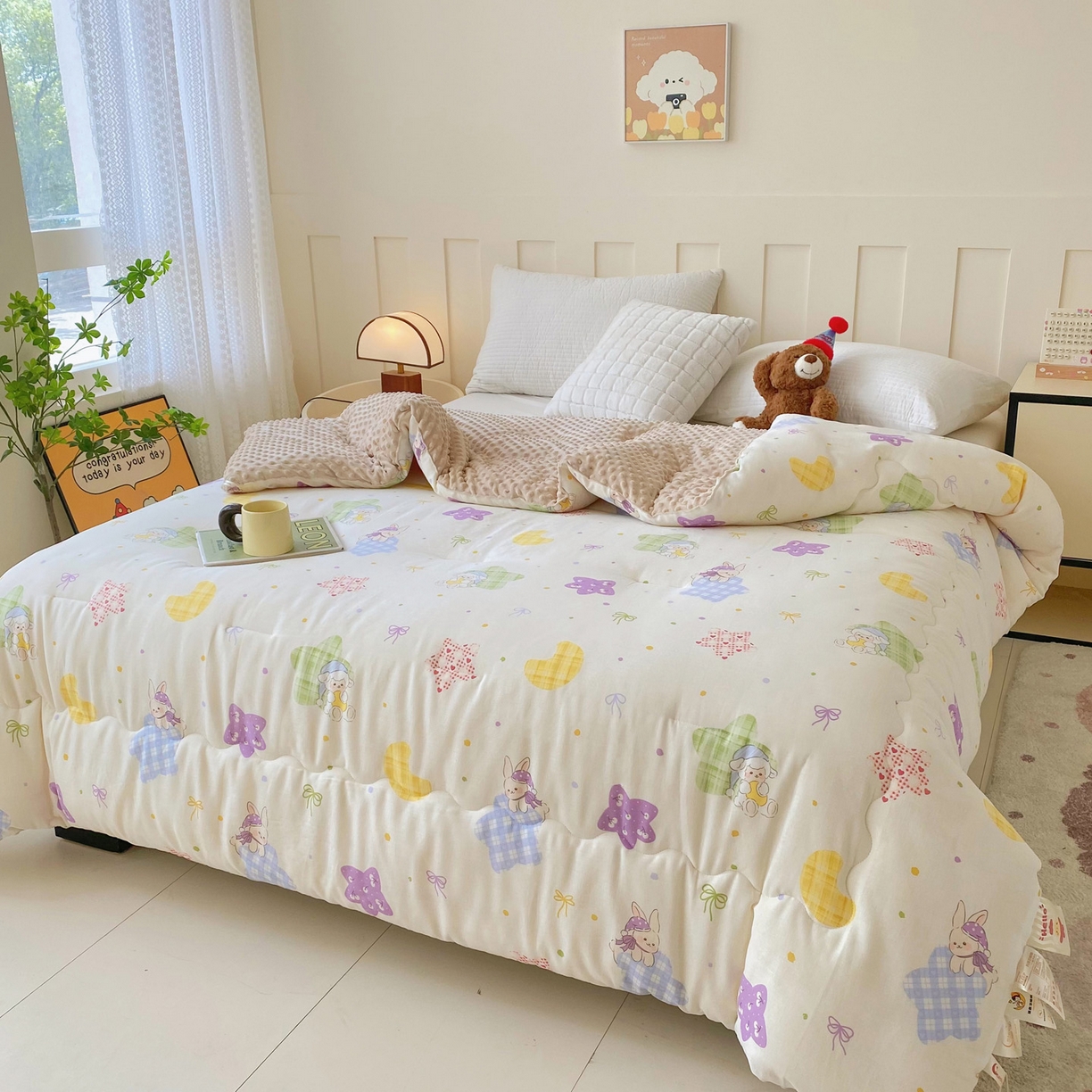 91家纺网 家纺一手货源 找家纺 小叮当家纺仓储工厂店 2025新款A类母婴级全棉双层纱婴儿绒210g豆豆被20%大豆纤维单人双人被芯 柔星梦香