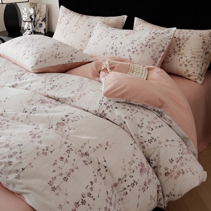 91家纺网 家纺一手货源 找家纺 禾时 2025新款全棉纯棉双层纱印花四件套-暗合 述白-粉