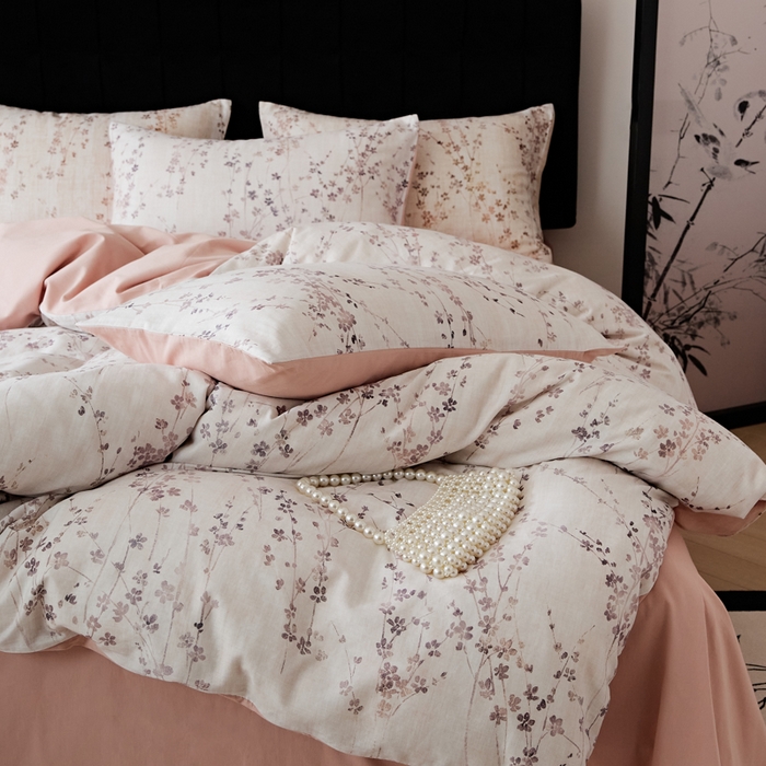 91家纺网 家纺一手货源 找家纺 禾时 2025新款全棉纯棉双层纱印花四件套-暗合 述白-粉