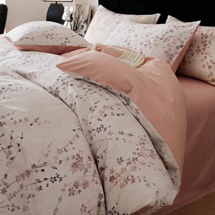 91家纺网 家纺一手货源 找家纺 禾时 2025新款全棉纯棉双层纱印花四件套-暗合 述白-粉