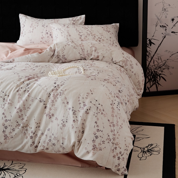 91家纺网 家纺一手货源 找家纺 禾时 2025新款全棉纯棉双层纱印花四件套-暗合 述白-粉