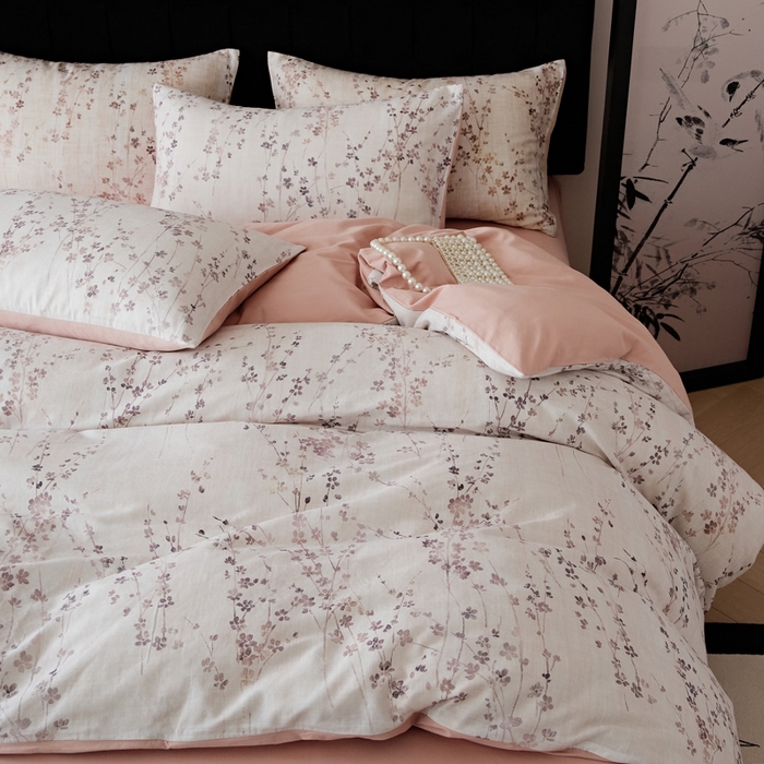 91家纺网 家纺一手货源 找家纺 禾时 2025新款全棉纯棉双层纱印花四件套-暗合 述白-粉