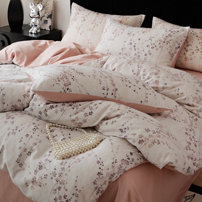 91家纺网 家纺一手货源 找家纺 禾时 2025新款全棉纯棉双层纱印花四件套-暗合 述白-粉