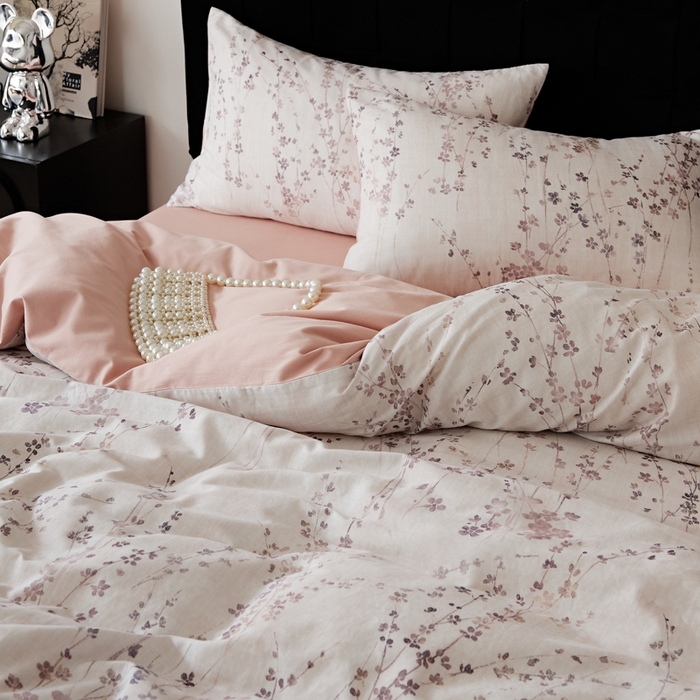 91家纺网 家纺一手货源 找家纺 禾时 2025新款全棉纯棉双层纱印花四件套-暗合 述白-粉