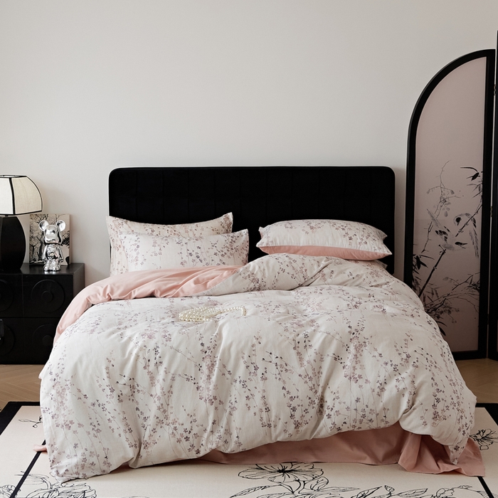 91家纺网 家纺一手货源 找家纺 禾时 2025新款全棉纯棉双层纱印花四件套-暗合 述白-粉