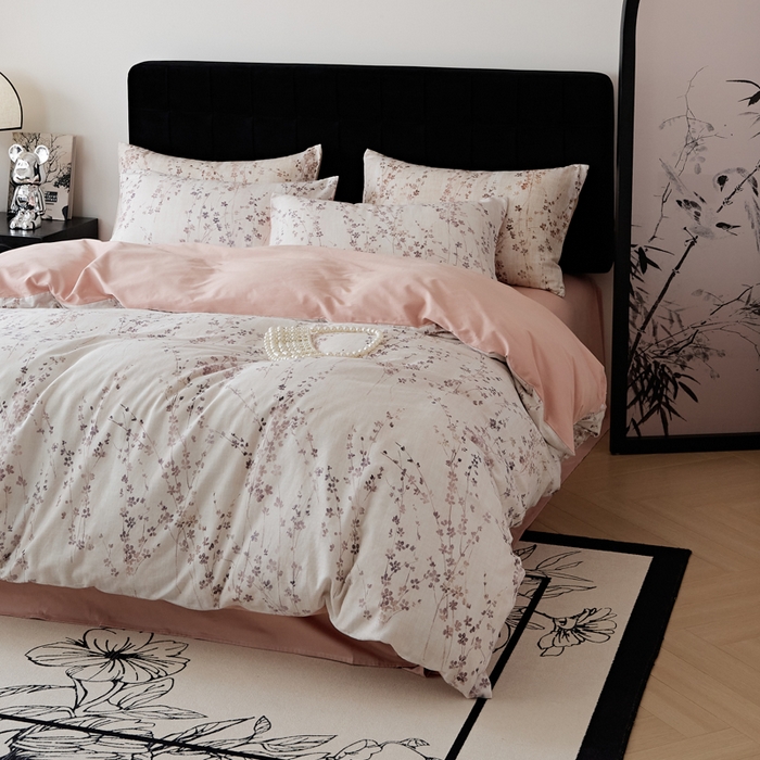 91家纺网 家纺一手货源 找家纺 禾时 2025新款全棉纯棉双层纱印花四件套-暗合 述白-粉