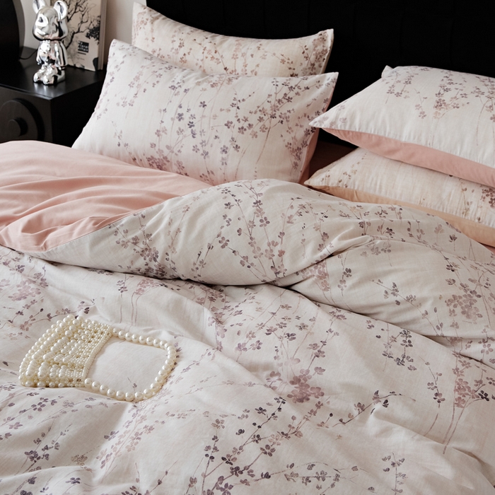 91家纺网 家纺一手货源 找家纺 禾时 2025新款全棉纯棉双层纱印花四件套-暗合 述白-粉